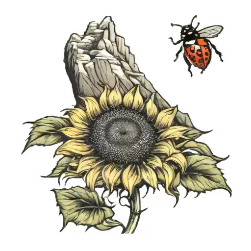 a mountain in the background with a beautiful sunflower in front that has a lady bug on the flower   tattoo design idea