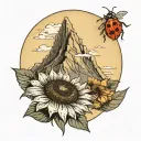 a mountain in the background with a beautiful sunflower in front that has a lady bug on the flower   tattoo design idea
