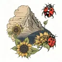 a mountain in the background with a beautiful sunflower in front that has a lady bug on the flower   tattoo design idea