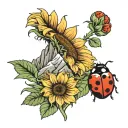 a mountain in the background with a beautiful sunflower in front that has a lady bug on the flower   tattoo design idea
