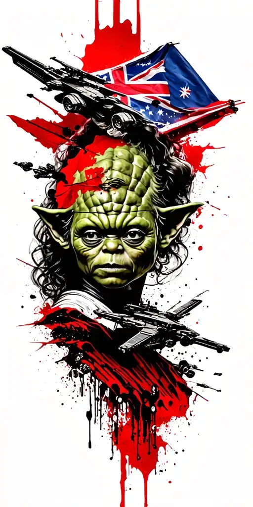include elements: yoda, x wing fighter, optimus prime, aussie flag, beautiful lady face, ewok tattoo design idea