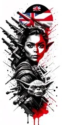 include elements: yoda, x wing fighter, optimus prime, aussie flag, beautiful lady face, ewok tattoo design idea