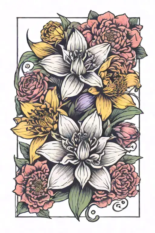 Fine line black Spinal tattoo with a violet flower, honeysuckle flower, chrysanthemum flower, and narcissus flower with  tattoo design idea