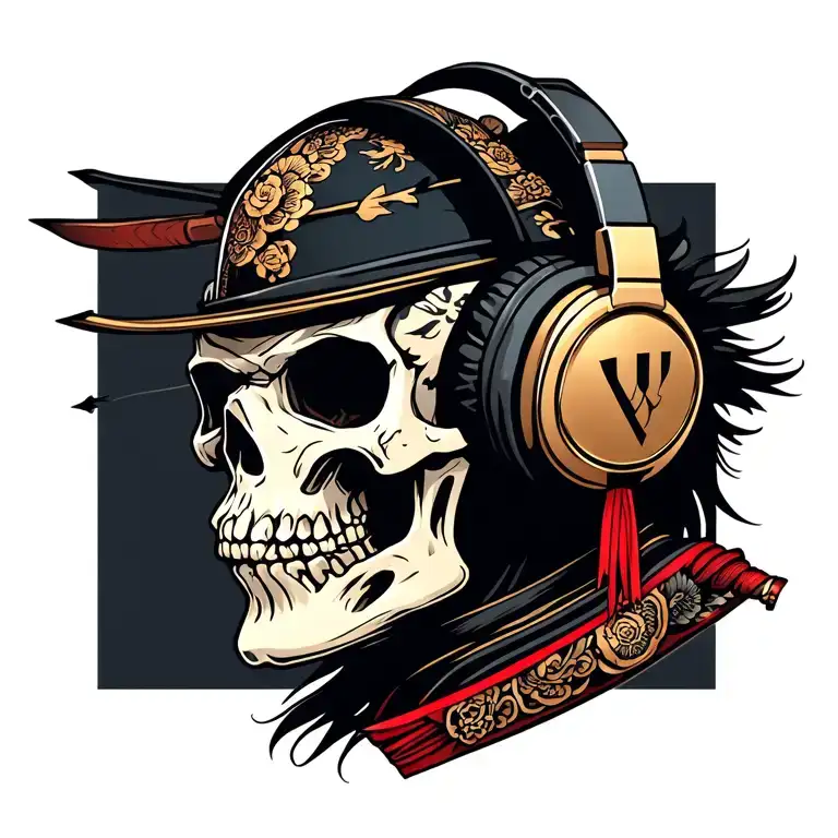samuraï skull wearing headphones tattoo design idea