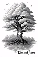a tree with clouds in the background with the name, Kim and Jason in cursive and a cross tattoo design idea