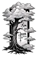 a tree with clouds in the background with the name, Kim and Jason in cursive and a cross tattoo design idea