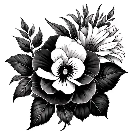tiger lilly, sun flower, pansy, white rose intertwined tattoo design idea