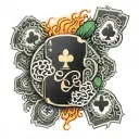 “Blackjack cards showing 21 with the Aries symbol, set on fiery flames with a yin-yang and a four-leaf clover for luck.” tattoo design idea
