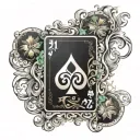 “Blackjack cards showing 21 with the Aries symbol, set on fiery flames with a yin-yang and a four-leaf clover for luck.” tattoo design idea