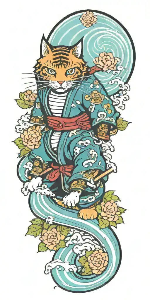 samurai cat, water, waves, lotus, sakura, clouds, whirlpool, leaves, peony, tree tattoo design idea