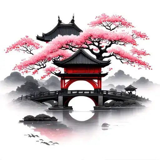 Japanese misty temple with bridge and Sakura flowers that are red  tattoo design idea