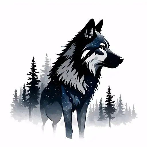 Wolf silhouette with trees and space  tattoo design idea