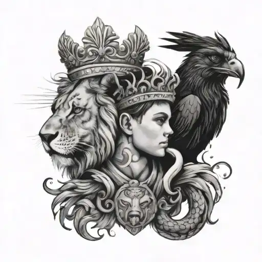 young boy wearing a crown looking serious behind him a lions head a snake in front of him a raven sitting on his crown tattoo design idea