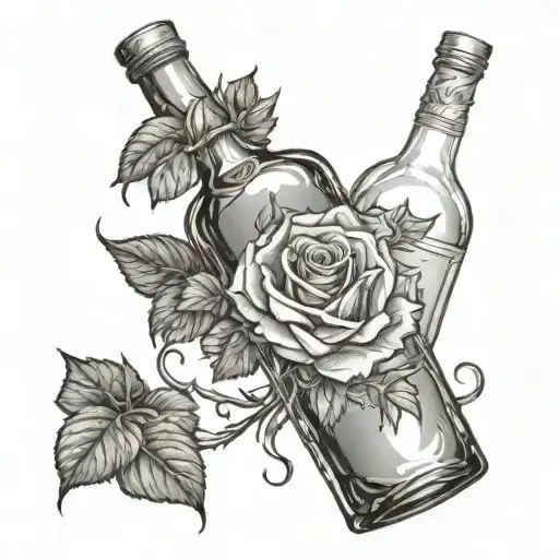 444 with rose in rum bottle tattoo design idea