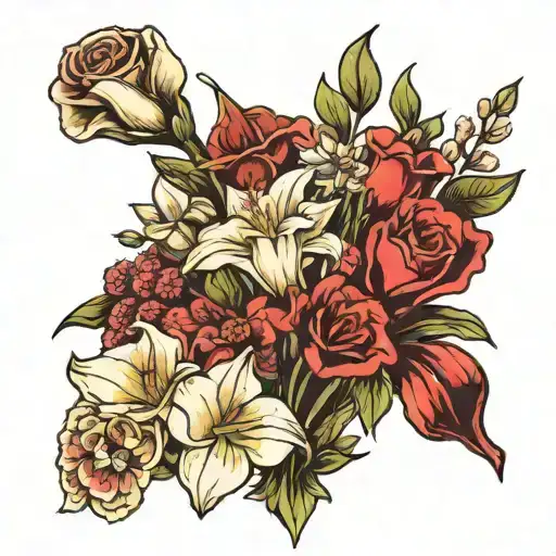 A bouquet with two panties one tulip one rose, one daffodil, one cherry blossom bloom, a lily, and one Calla lily  tattoo design idea