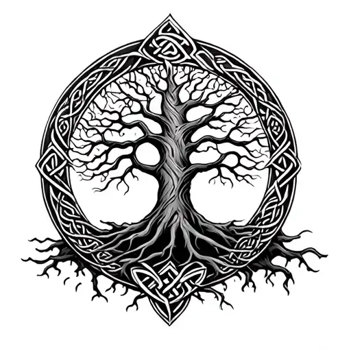 celtic tree of life with celtic design banding creating a circle around entire tree. Roots from tree form a celtic infin tattoo design idea