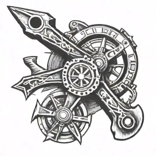 two mechanics wrenches crossed going through a ships propeller tattoo design idea