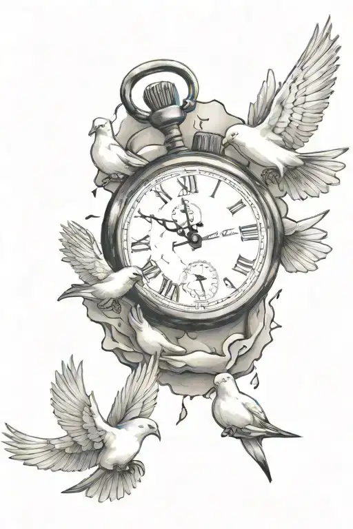 Broken Stopwatch with time set to 5:38 PM and cracks. 8 doves flying out of it  tattoo design idea