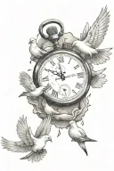 Broken Stopwatch with time set to 5:38 PM and cracks. 8 doves flying out of it  tattoo design idea