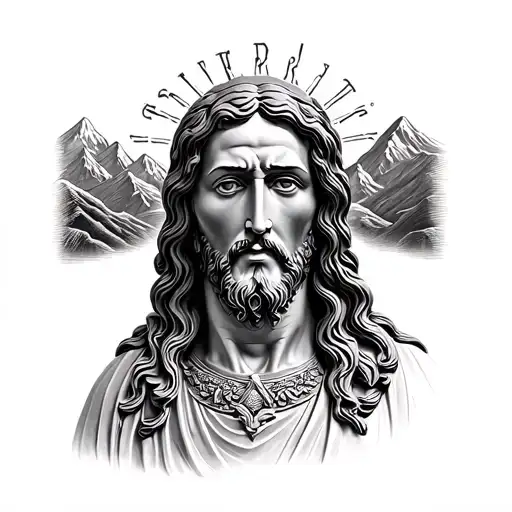 A statue of Jesus with mountains behind  tattoo design idea