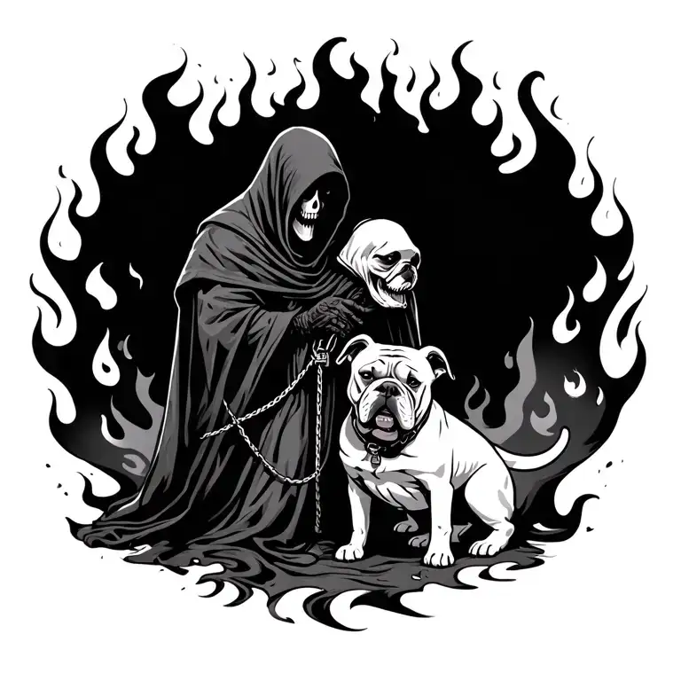 grim reaper holding leash to white bulldog both sorrounded by flames tattoo design idea