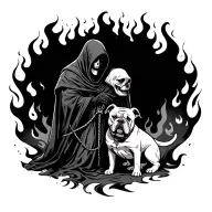grim reaper holding leash to white bulldog both sorrounded by flames tattoo design idea