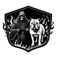 grim reaper holding leash to white bulldog both sorrounded by flames tattoo design idea