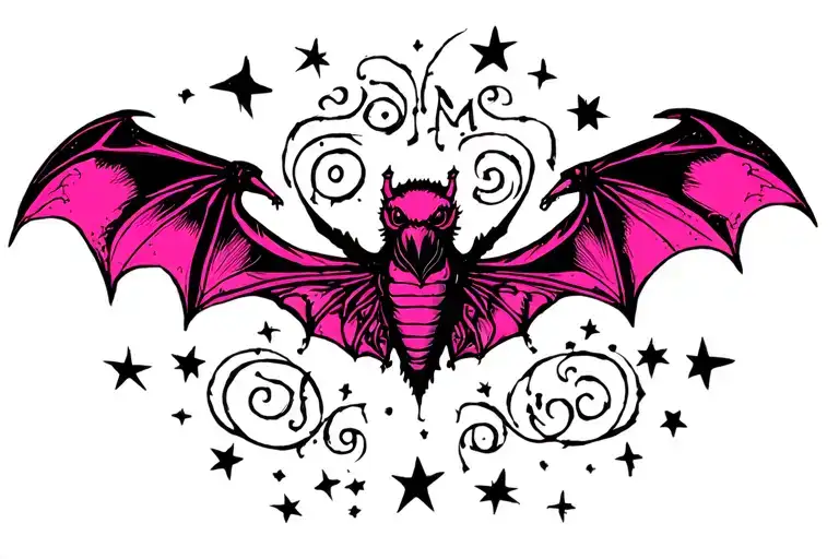 Mothman tramp stamp y2k style with stars and swirls black and pink tattoo design idea