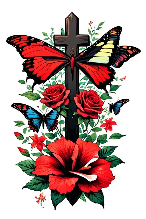 red and black butterflies. roses and hibiscus surrounding cross tattoo design idea