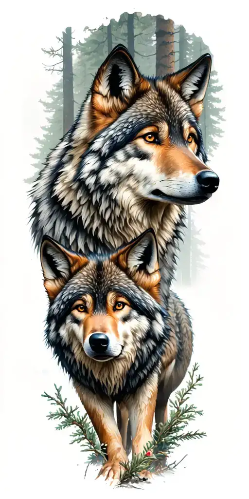 represent father and son as wolves in a detailed forest tattoo design idea