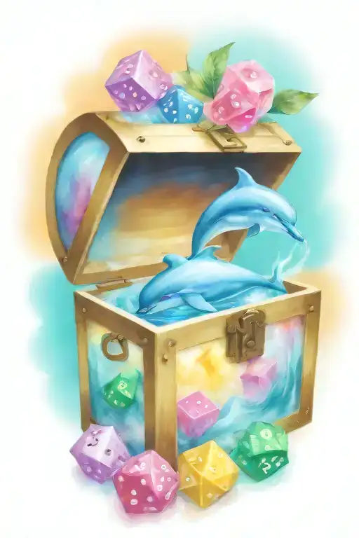treasure chest smoking with ideas: Dolphins, D&D dice, paint palette tattoo design idea