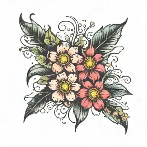 Diablo cosmos flowers with leaves and blooms tattoo design idea