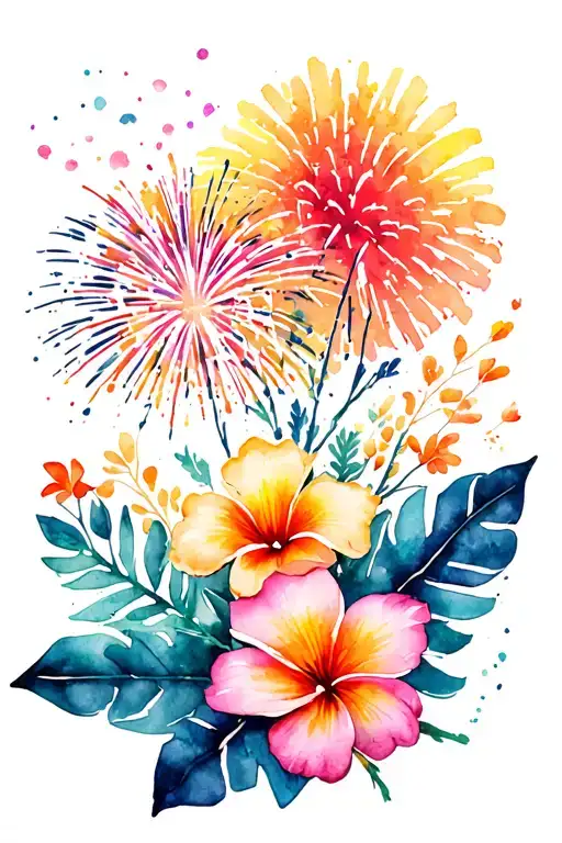 Fireworks and tropical flowers intertwined tattoo design idea