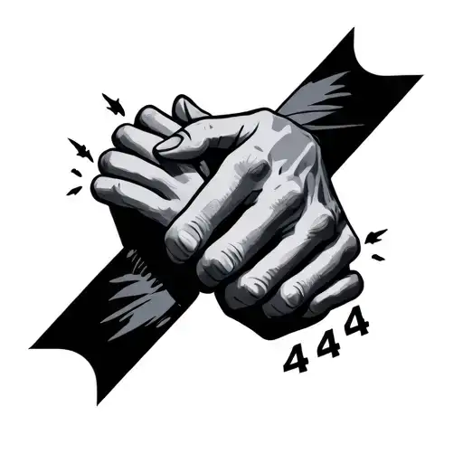A modern black and gray tattoo design featuring two hands interlocking in a pinky promise, with the numbers 444 tattoo design idea