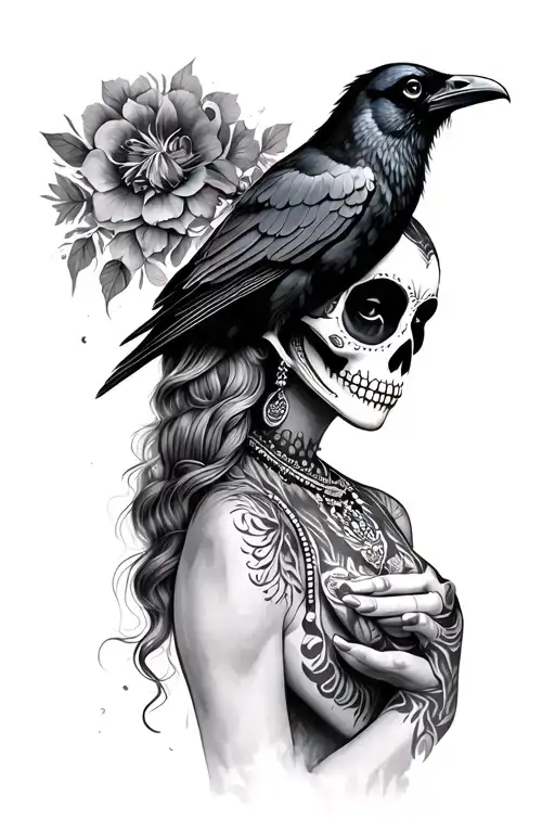 Mexican woman with Catrina paint holding a raven perched tattoo design idea