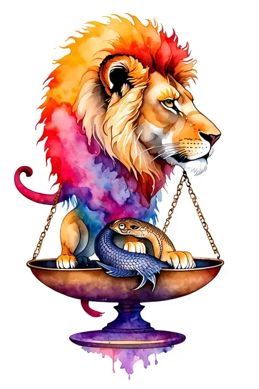 lion and balancing scales intertwined tattoo design idea