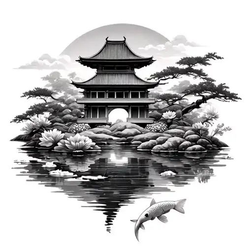 a full sleeve in Japanese style, with perspective. a building at the top, going down to pond with flowers around and koi tattoo design idea