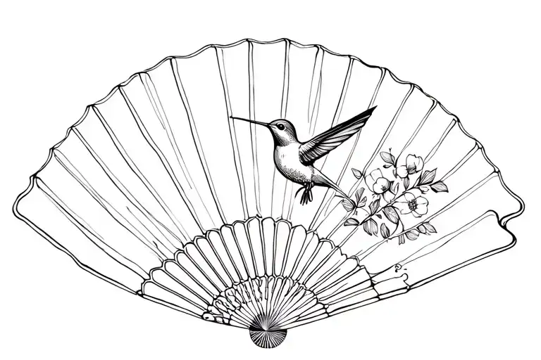 antique fan with hummingbird  tattoo design idea