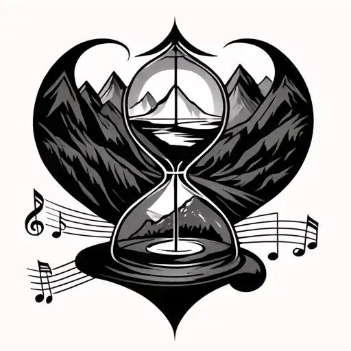 Hour glass mountains music note intertwined tattoo design idea