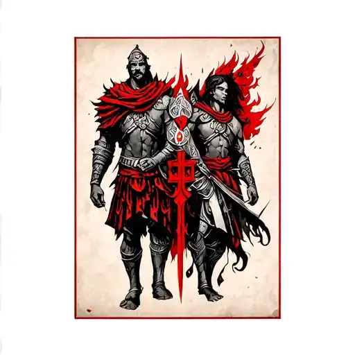 Full-sleeve tattoo in black and red ink only, combining Illyrian heritage symbols, such as Illyrian warriors, double-he tattoo design idea