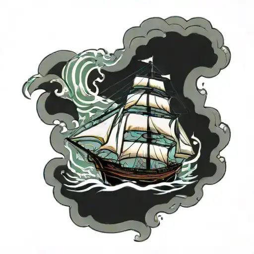A three masted barque Indian ship with waves crashing in the background tattoo design idea