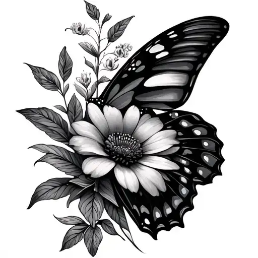 Half Butterfly Half Flower bouquet fine line tattoo design idea