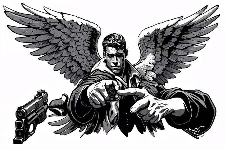 an angel that has a gun and pointing at the other ange who is also pointing a gun at the other angle. mafia style chest tattoo design idea