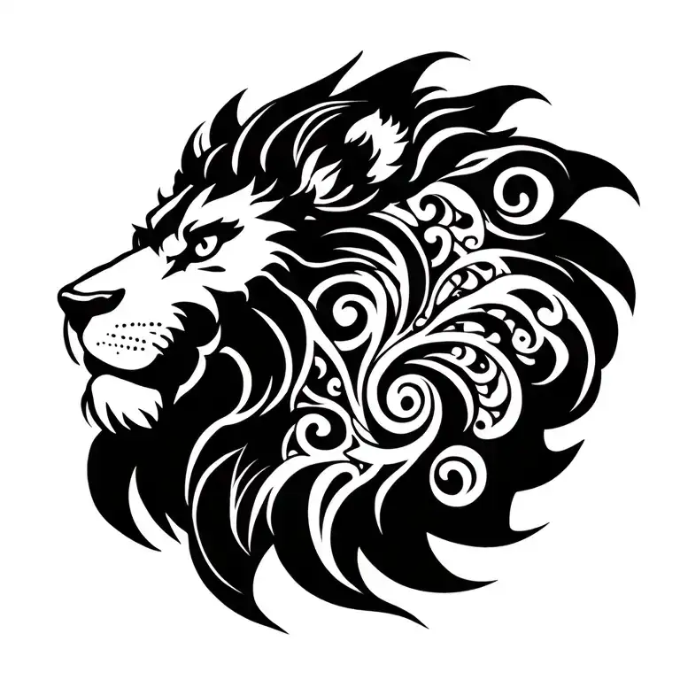 a lion with maori koru pattern integrated into the lion, in a traditional japanese yakuza style tattoo design idea