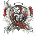 victorian style with skeletons with angel wings and red hearts tattoo design idea