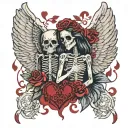 victorian style with skeletons with angel wings and red hearts tattoo design idea