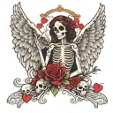 victorian style with skeletons with angel wings and red hearts tattoo design idea