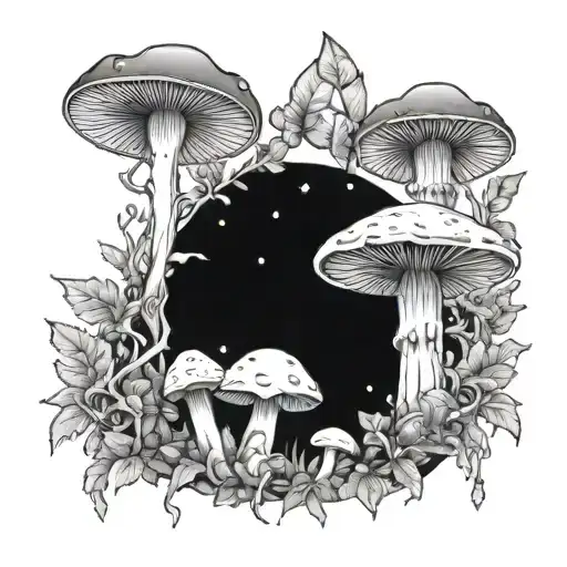 mushrooms Forest with lunar moth and crystals growing tattoo design idea