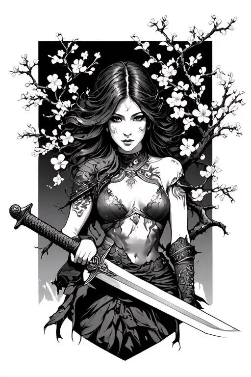 woman tree warrior intertwined with cherry blossom branches holding sword attractive  sensual  tattoo design idea