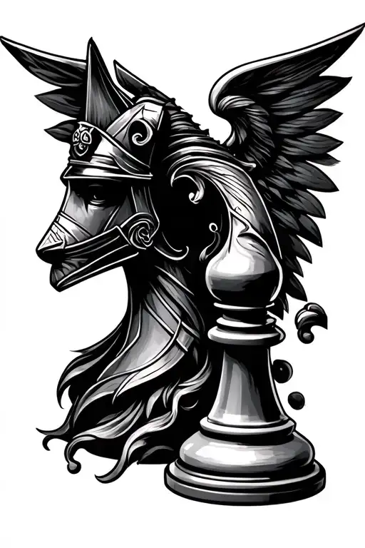a black chess knight with a flowy design tattoo on the right side of a middle finger tattoo design idea